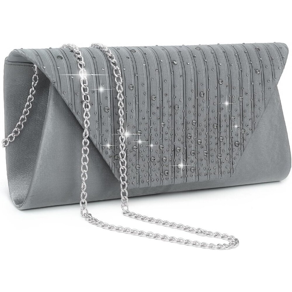 Women's Pewter Grey Rhinestone Evening Clutch Bag for Wedding Party & Cocktail